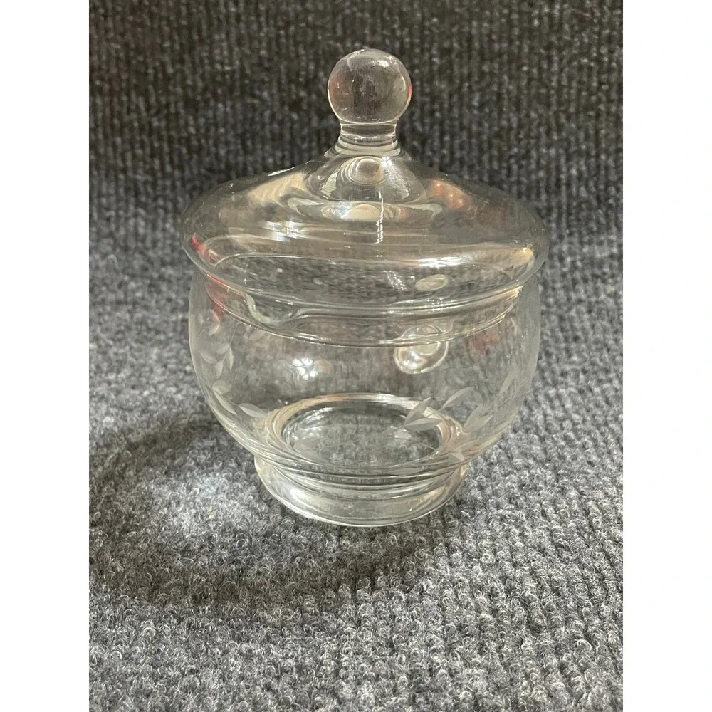 Vintage Etched Glass Jam Jar with Lid and Handle Clear Floral Condiment Server